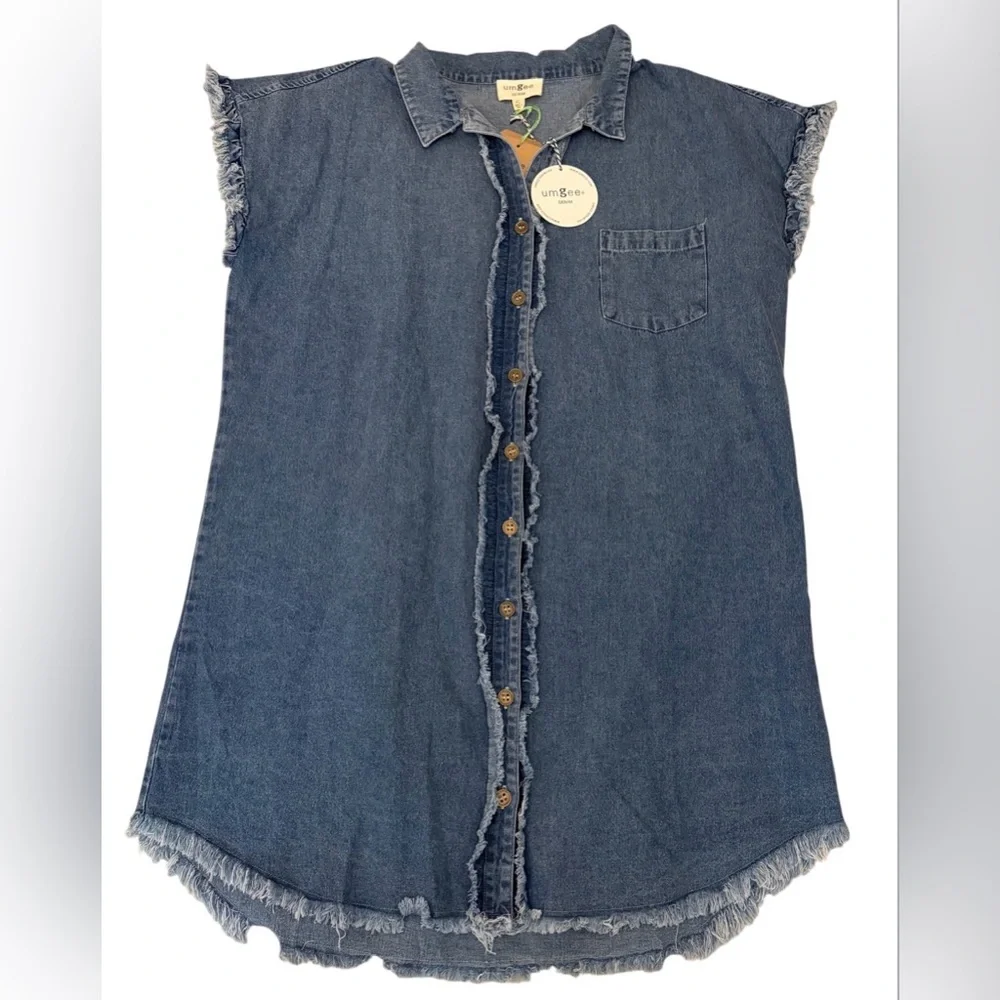 Umgee ⭐️ Denim Button Front Shirt Dress XL NWT Frayed Hem Oversized ✨ - Picture 8 of 8